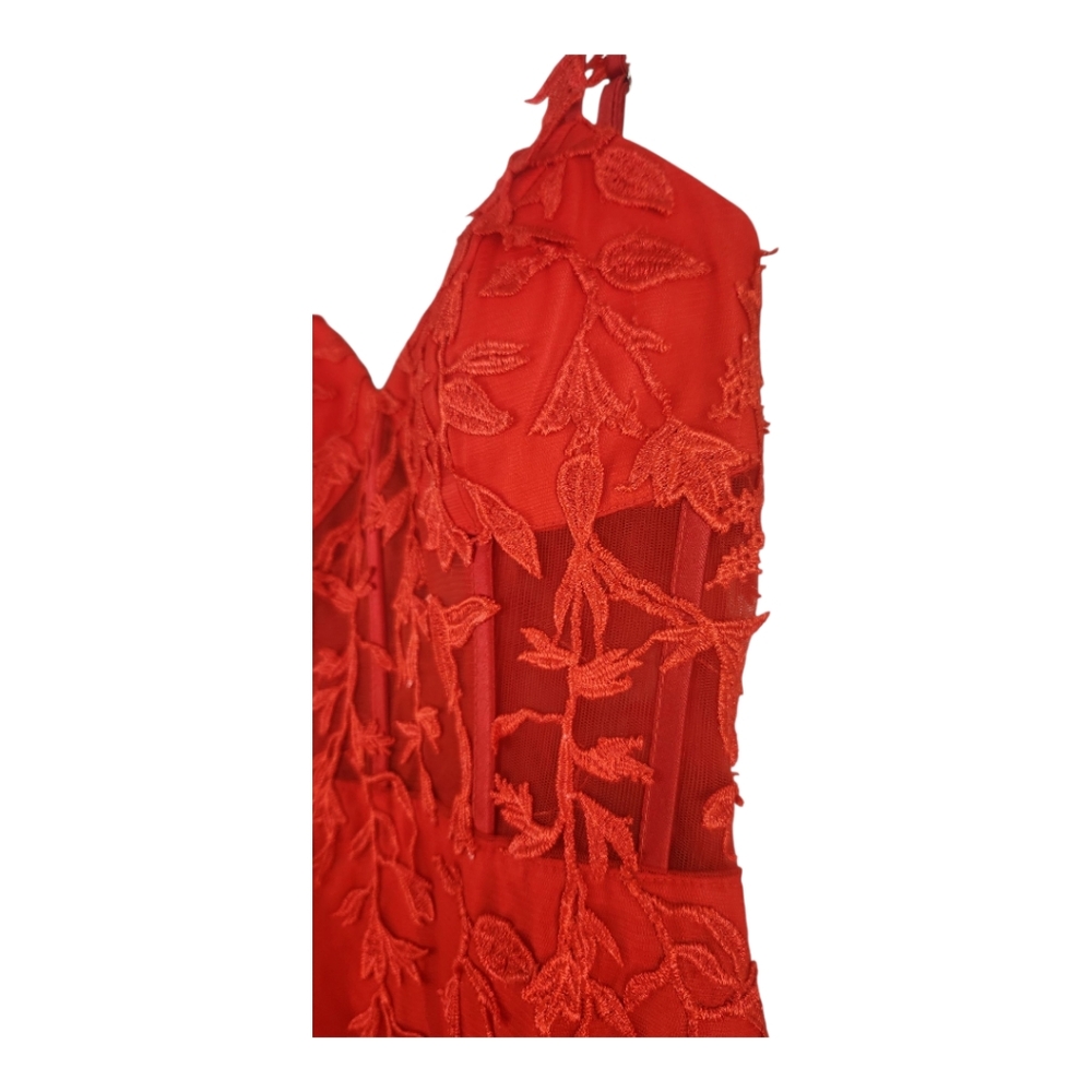 Red Leaf Detail High Slit Trumpet Gown Sz 2 Vamp Bustier Sheer Mesh Maxi Formal - Picture 5 of 13